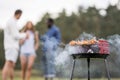 barbecue roasting food with friends conversing. High quality beautiful photo concept