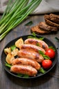 Barbecue sausages in frying pan