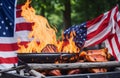 Barbecue scene set up a closeup and fire for 4th july independence day of america Royalty Free Stock Photo