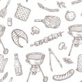 Barbecue seamless pattern. Sketch barbeque chicken grill vegetables fried steak meat picnic party vintage bbq food