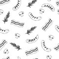 Barbecue seamless vector pattern. Meat products, bacon and sausages. Mushrooms and rosemary. Black silhouettes, doodle