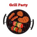 Barbecue set - grill station, sausage, fried meat, shashlik. Vector picnic