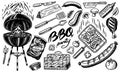 Barbecue set in vintage style. Drawn by hand. Bbq ingredients. Hot grill food, beer and tools, vegetables and spices