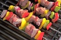 Barbecue. Shish kebab with grilled peppers and onion, on hot grill Royalty Free Stock Photo