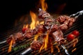 Barbecue skewers meat kebabs with vegetables on flaming grill Royalty Free Stock Photo