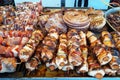 Barbecue skewers meat kebabs with vegetables on grill