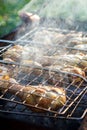 Barbecue smoked chicken legs preparing on metal grill at outdoor, selective focus Royalty Free Stock Photo