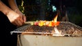 Barbecue Spicy fire on the  flaming grill.Grilled vegetable,pork and chicken skewers with bell peppers.Dinner party barbecue and Royalty Free Stock Photo