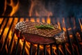 Barbecue steak lies on a flamed grill