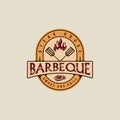 barbecue steak logo emblem vector illustration template icon graphic design. BBQ grill with flame and meat fork sign or symbol for Royalty Free Stock Photo