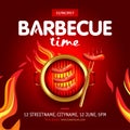 Barbecue time party design with fire on shield, Barbecue invitation. Barbecue logo. BBQ template menu design.