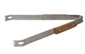 Barbecue tongs on white. Steel, stainless grill tongs with wooden handle