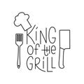 Barbecue tools with handwritten lettering sign King of the grill. Editable stroke. Vector stock illustration isolated on