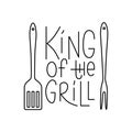 Barbecue tools with handwritten lettering sign King of the grill. Editable stroke. Vector stock illustration isolated on