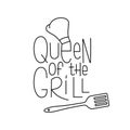 Barbecue tools with handwritten lettering sign Queen of the grill. Editable stroke. Vector stock illustration isolated