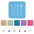 Barbecue tools, tongs fork and spatula flat icons on color rounded square backgrounds