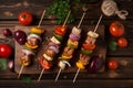 Barbecue vegetables meat on wooden board. Generate Ai Royalty Free Stock Photo