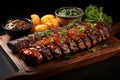 Barbecued and marinated sticky spare ribs. Grilled spare ribs. American style pork ribs. Grilled steak with melted barbeque sauce