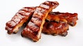 Barbecued and marinated sticky spare ribs on a white background with copy space. Royalty Free Stock Photo