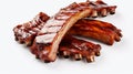 Barbecued and marinated sticky spare ribs on a white background with copy space. Royalty Free Stock Photo
