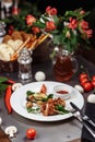 Barbecued marinated turkey or chicken meat shish kebab skewers with ketchup sauce and grilled vegetables on rustic wooden table Royalty Free Stock Photo