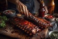Barbecued ribs with sauce on wooden table. Barbecued ribs. Generative AI