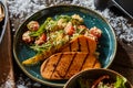 Barbecued sweet potato slices with salad