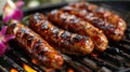 barbecuing with a captivating close-up shot of juicy grilled sausages on the grill, set against a light or white