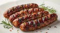 barbecuing with a captivating close-up shot of juicy grilled sausages on the grill, set against a light or white