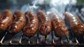 barbecuing with a captivating close-up shot of juicy grilled sausages on the grill, set against a light or white