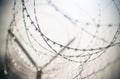 Barbed metal wire under electric voltage is on a metal fence Royalty Free Stock Photo