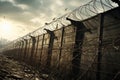 Barbed and razor wire fence. Fencing the state border against immigration