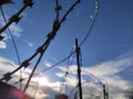 Barbed twisted wire metal fence close view photo