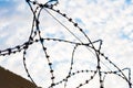 Barbed wire, against a background of white clouds and blue sky. The concept of non-freedom. Prison, incarceration Royalty Free Stock Photo