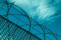 Barbed wire against blue sky and clouds Royalty Free Stock Photo