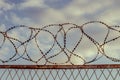 Barbed wire against the sky with clouds. The prohibition of air travel Royalty Free Stock Photo