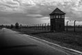 Barbed wire around a concentration camp. Shed guard in the background.