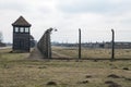 Barbed wire around a concentration camp. Shed guard in the background.