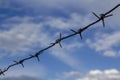 Barbed wire on a background of blue sky with clouds. Limitation of freedoms. Problems of migrants. Social problems