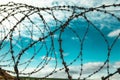 Barbed wire. Barbed wire on blue sky background with white clouds. Wire boom. Military conflict . Syria. Royalty Free Stock Photo