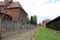 Barbed wire and barracks of Auschwitz concentration camp Royalty Free Stock Photo