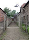 Barbed wire and barracks of Auschwitz concentration camp Royalty Free Stock Photo
