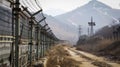 Barbed wire border in Korea's demilitarized zone (DMZ) between North and South Korea. Generative AI.