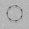 Barbed Wire Circle on Grey Brick Background. Stylized Prison Concept. Symbol of Not Freedom. Metal Frame Round Royalty Free Stock Photo