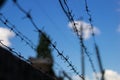 Barbed wire of prison wall closes blue sky, escape concept Royalty Free Stock Photo