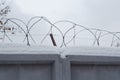 Barbed wire and cloudy winter sky. Snow. Secure zone barbed wire fence. Concrete fence.