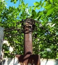 Barbed wire on a concrete fence against the background of green foliage and blue sky. Royalty Free Stock Photo