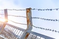 Barbed wire on a cutting fence against a blue sky