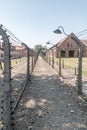 Barbed-wire double-fence at Nazi German concentration death camp Auschwitz I Royalty Free Stock Photo