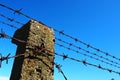 Barbed wire, double wire, metal tape with sharp spikes for barriers. Rusty barbed wire against the blue sky. The concept